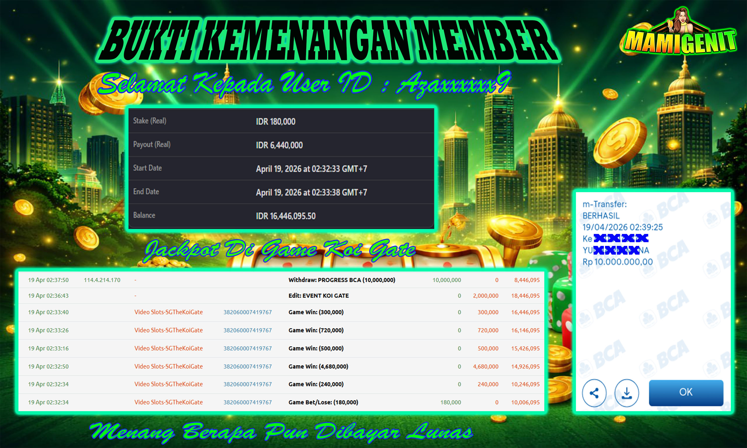 MAMIGENIT - JACKPOT DI SEBESAR RP.10,000,000,- DI GAME KOI GATE